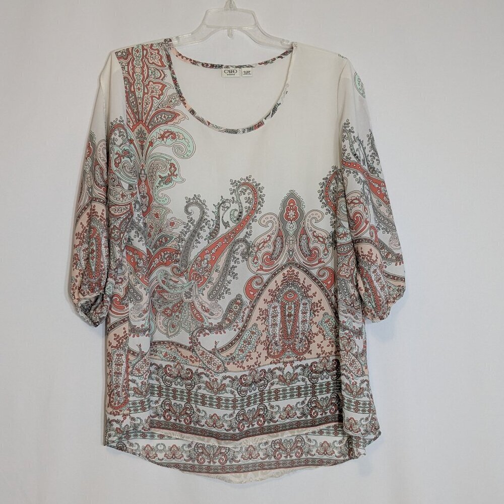 CATO Cream White/ Multi-Color Paisley Chiffon Tunic Top; 3/4 Sleeves Size 18/20W